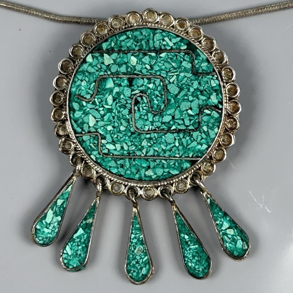 Alpaca Mexico Turquoise Color Chip Inlay Pendant Brooch Dangles 17" Necklace